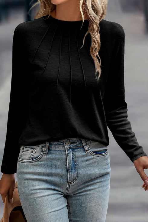 Raglan Long Sleeve Exposed Seam Detail Relaxed Fit Crew Neck Top